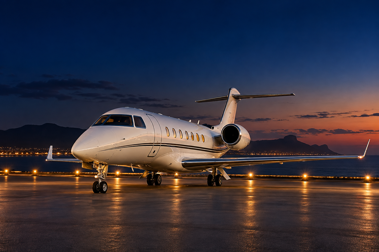 Concept image of a private jet on an African coastal airfield at dusk